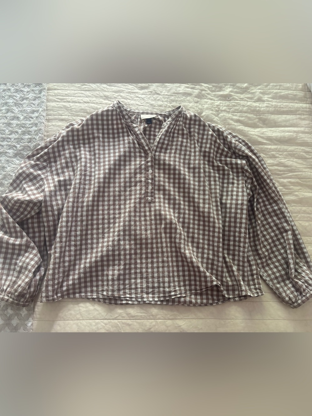 Cotton Blend Tan Gingham Oversized Blouse